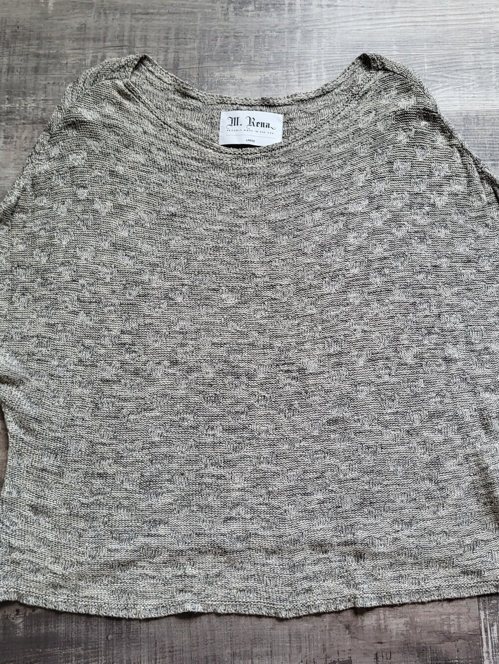 M Rena Womens Large Textured Knit Sweater Gray Short  Sleeve Made USA Relaxed